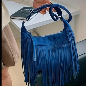 Fringe Suede Crossbody Bag Deep Blue